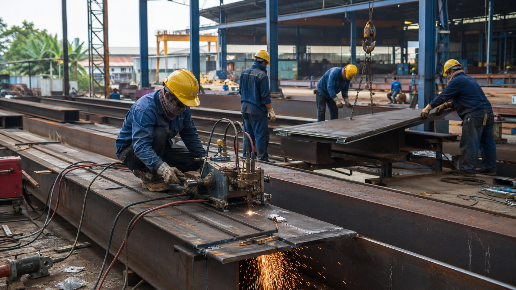 Flame cutting and magnetic cutting equipment used in steel structure site installation in Thailand